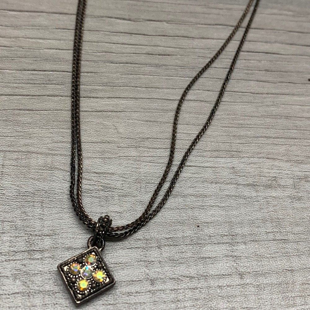 Napier Gunmetal Double Strand Necklace Square Aurora Borealis Rhinestone Pendant - Picture 5 of 7